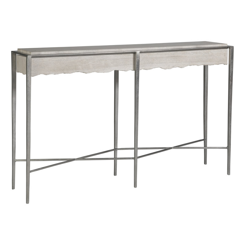 Beige and Silver Rectangular Stone and Metal Console Table