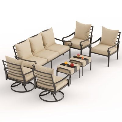 Ensemble de meubles de patio 7 pièces à structure en métal avec chaises berçantes pivotantes et repose-pieds multifonctionnel, coussins épais de 5,75 po pour la cour