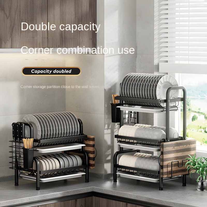 Kitchen Dish Rack With Drainboard, Dish Storage Rack With Utensil Holder And Cutting Board Slots