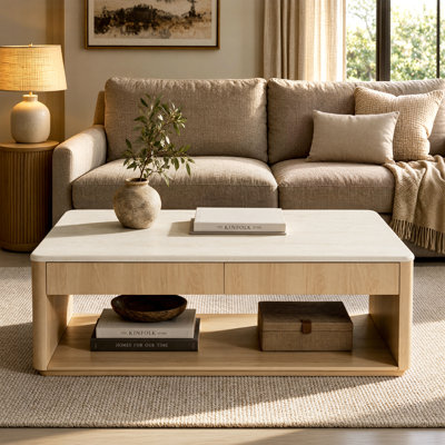 Table basse moderne à 2 niveaux en bois imitation travertin de 120 cm (47,24 po) avec 2 tiroirs et une tablette ouverte, idéale pour le salon.