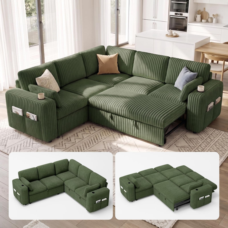 Canapé-lit modulaire 86,6 po avec lit escamotable modulaire à 5 places pour salon L 86,6 po, avec méridienne de rangement et dossier réglable, poches latérales et porte-gobelets, vert