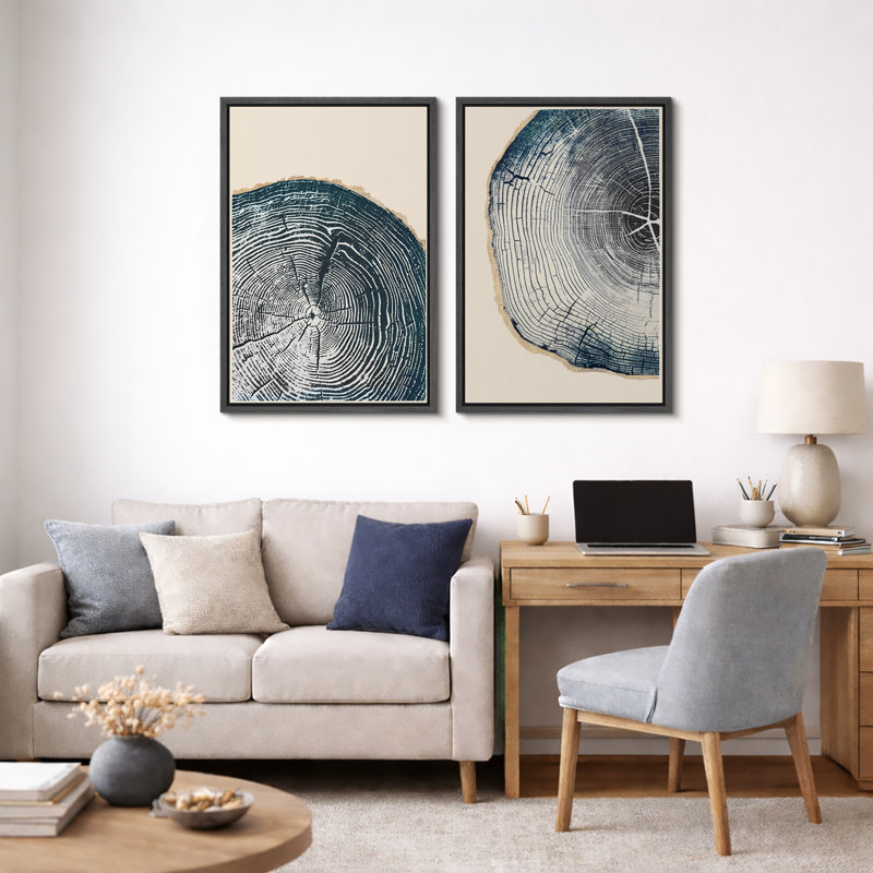 «Tree Ring», œuvre de souche en bois bleu marine, images murales simples et rustiques modernes, ensemble de 2 reproductions d'art sur toile, 16 x 24 x 2, 24 x 36 x 2