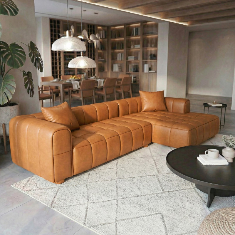 Canapé modulaire en forme de L Lasker avec pieds en bois massif et design capitonné élégant