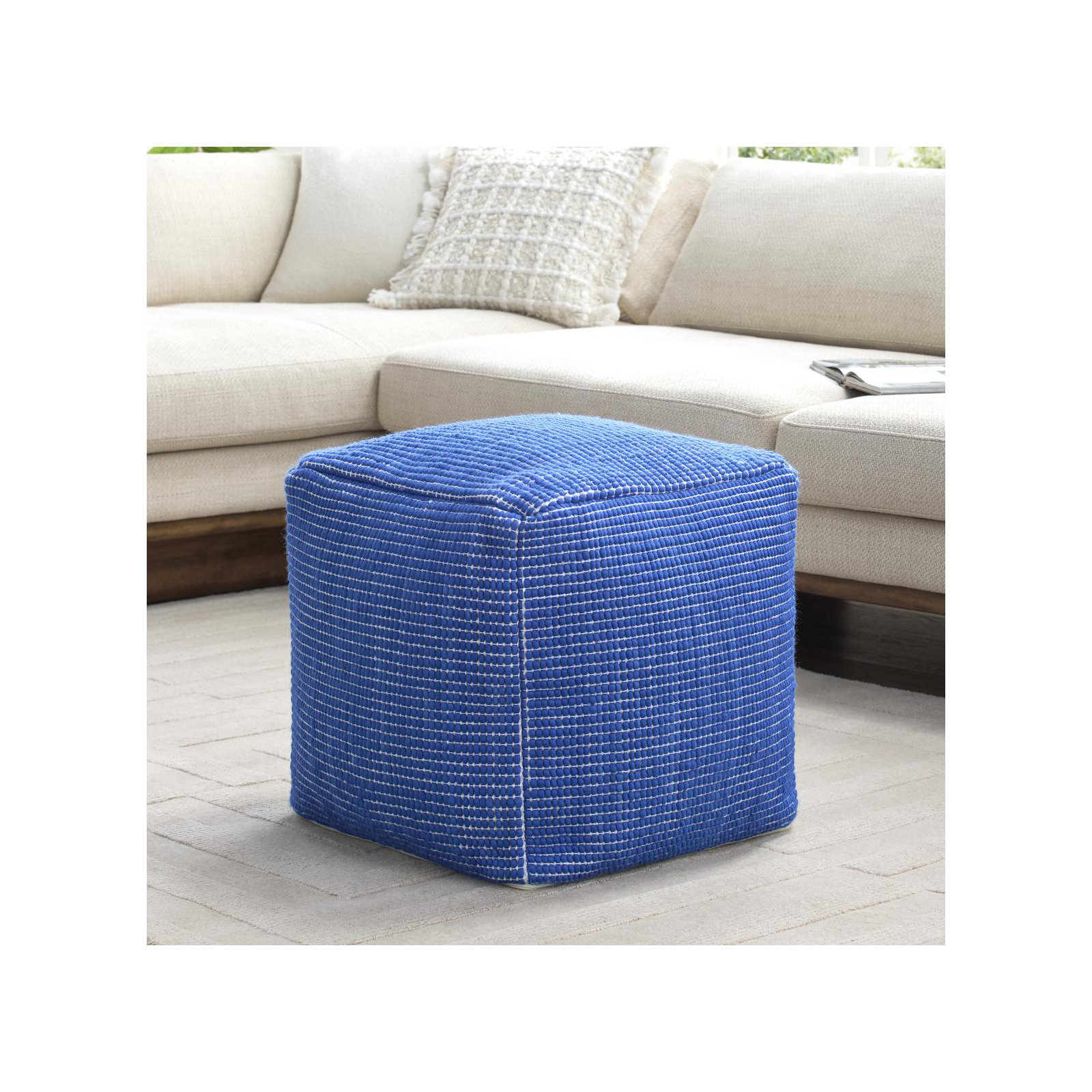 Waverly Woven Wool Blend Pouf with Removable Cover , Blue