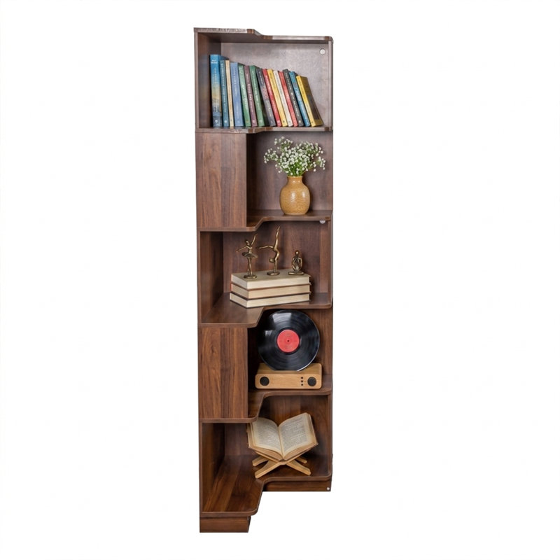 69" H L-Shaped Walnut Corner Bookcase with 5 Tiers and Remote-Controlled LED Lights