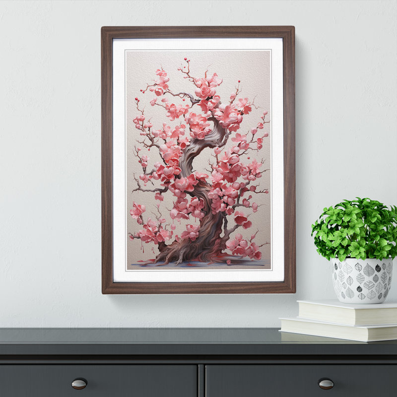Cherry Blossom Tree Dadaism - Single Picture Frame Print on Wood, 64cm H x 46cm W x 2cm D, Walnut Framed