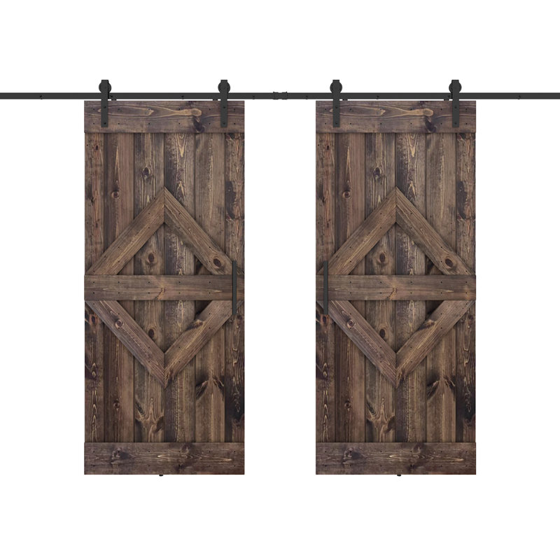 Panelled Wood and Metal Painted Barn Door with Installation Hardware Kit, Dark Brown, 48" x 84"