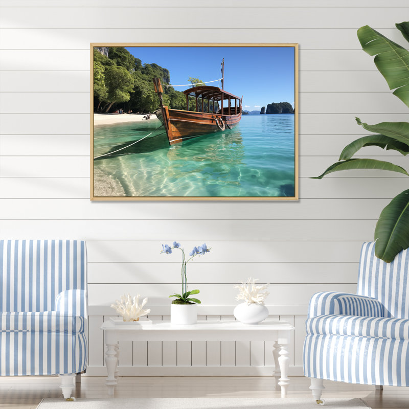 Bateau au paradis des sables de Krabis II - plage, art mural, Cadre flottant brun, H 30 po x l 40 po x P 1,5 po