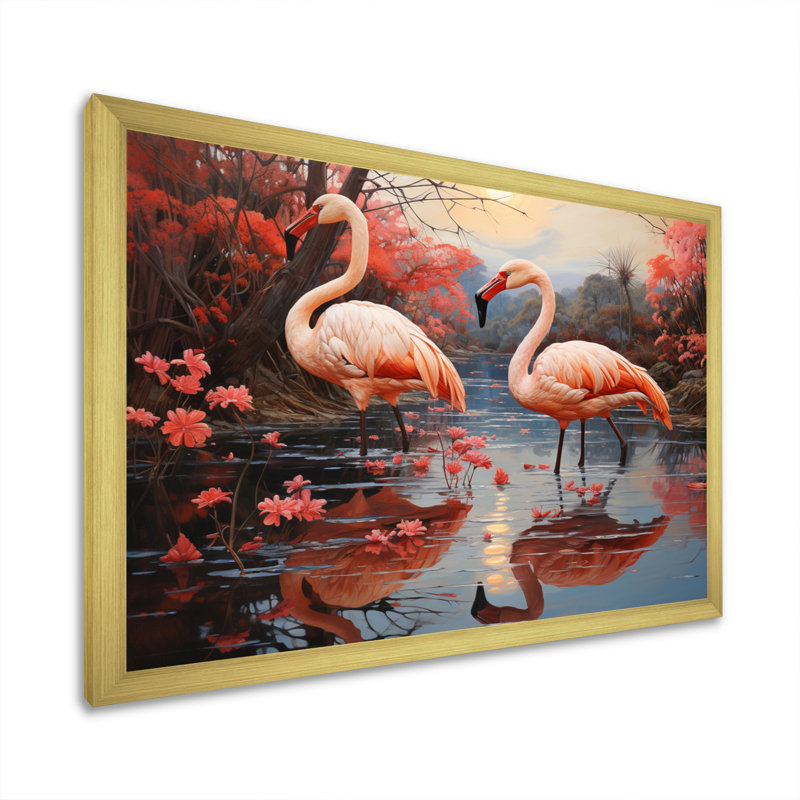 Flamant flamant rose pastel - imprimé, H 34 po x l 44 po x P 1,5 po, Cadre doré simple