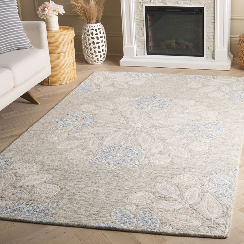 Tapis gris / ivoire en laine / polyester touffeté à la main Jardin, Rectangulaire 3 pi x 5 pi