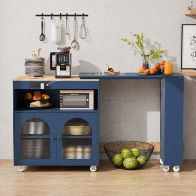 Smart Navy Kitchen Island with Movable Table, LED Lighting & Power Outlets