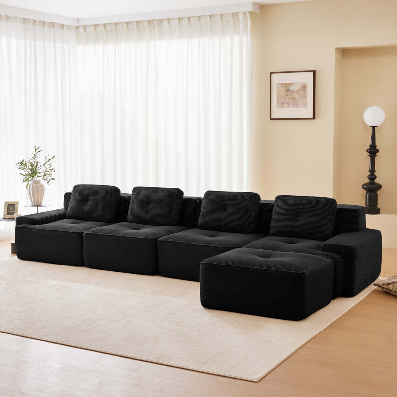 Canapé modulaire en velours côtelé 4 places avec design antidérapant et 1 repose-pieds, aucun assemblage requis