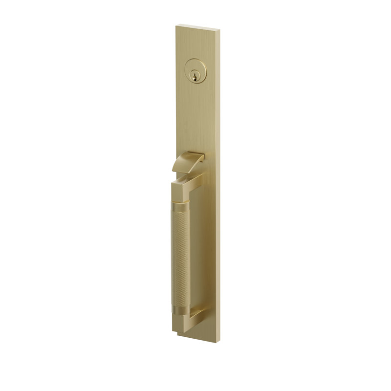 Ensemble de pinces à mortaiser Emtek SELECT, F13, pleine longueur, entraxe de 63,5 mm (2-1/2 po), tige extérieure en L, poignée moletée ; poignée intérieure Helios, laiton satiné, pour droitier