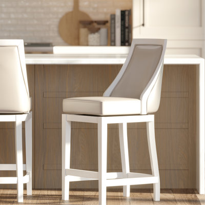 Tabouret pivotant à hauteur de comptoir, H 26 po, blanc avec siège en similicuir gris, fonction pivotante à 180 degrés, dossier haut pour s'asseoir, siège confortable de l 18,5 po x P 17 po, conception à joint articulé, plancher en plastique