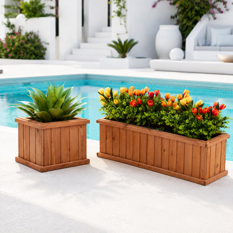 2-Piece Cedar Wood Outdoor Planter Box Set with Drainage, 15-Inch Square and 40-Inch Rectangular, Brown