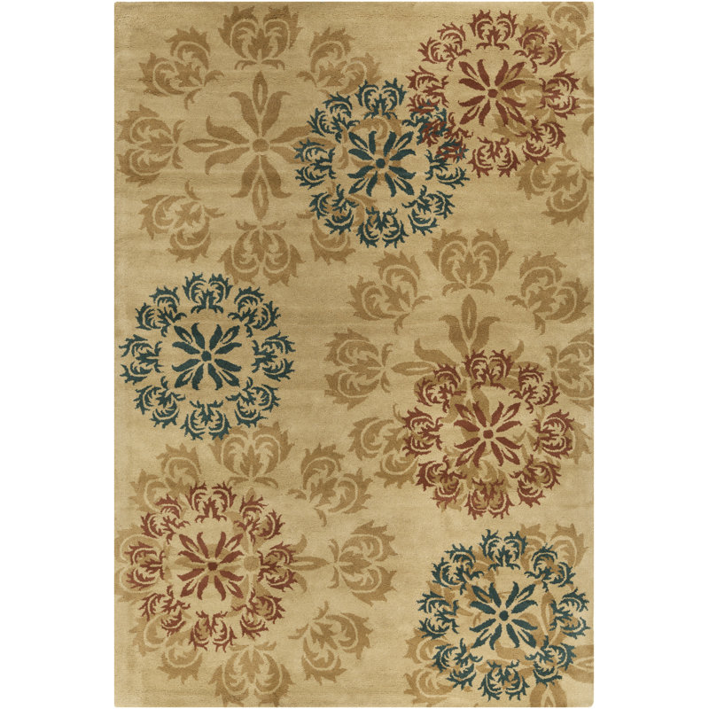 Tapis médaillon en laine beige, rouge, or et bleu sarcelle Ailey