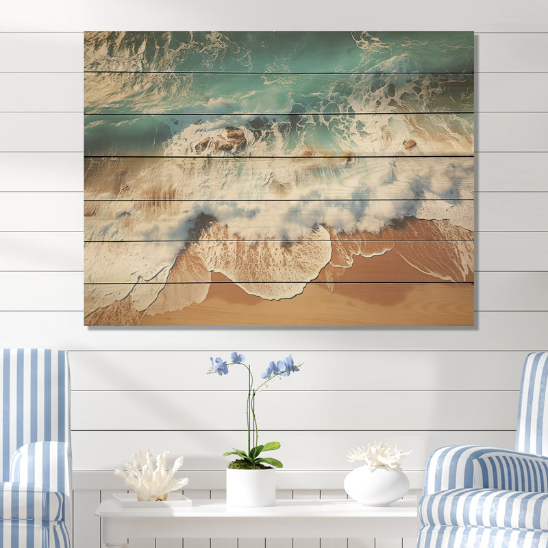 Imprimé Skyblue, vagues côtières III - plage sur bois, H 10 po x l 20 po