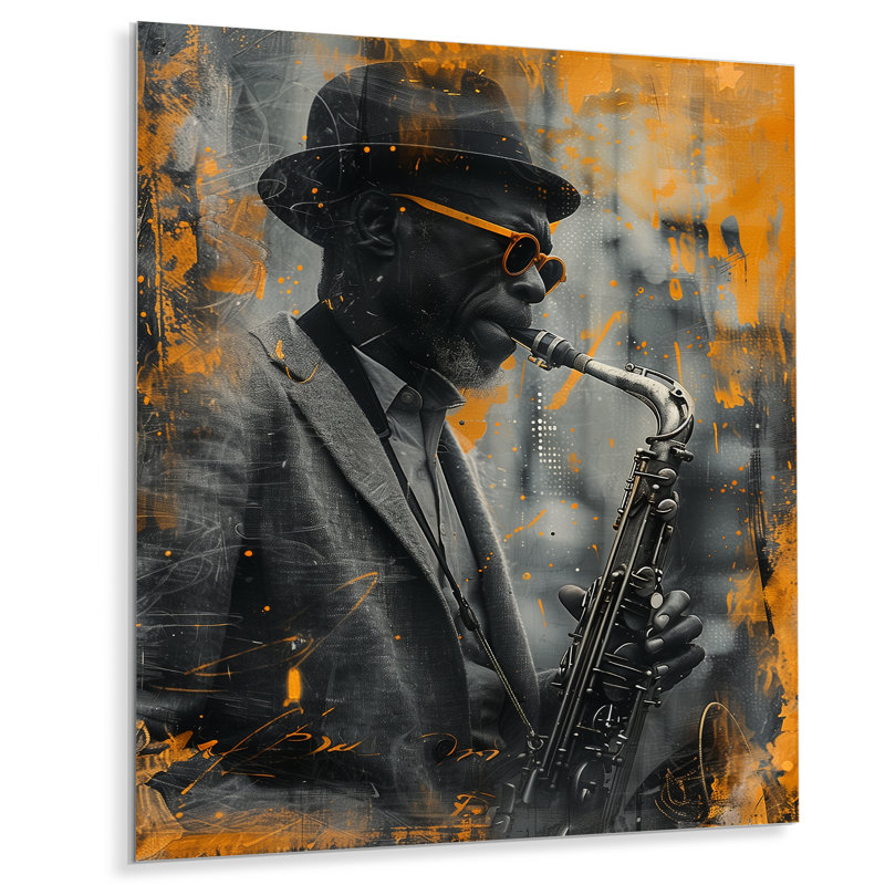 Gris, jaune, musique, Harlem, blues, saxophone II - musicien, art mural, salon, Sans cadre, métal, H 20 po x l 12 po x P 1 po