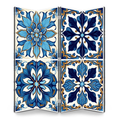 Paravent à 4 panneaux mexicain paravent à carreaux en céramique bleu royal avec accents dorés Séparateur de pièce autoportant
