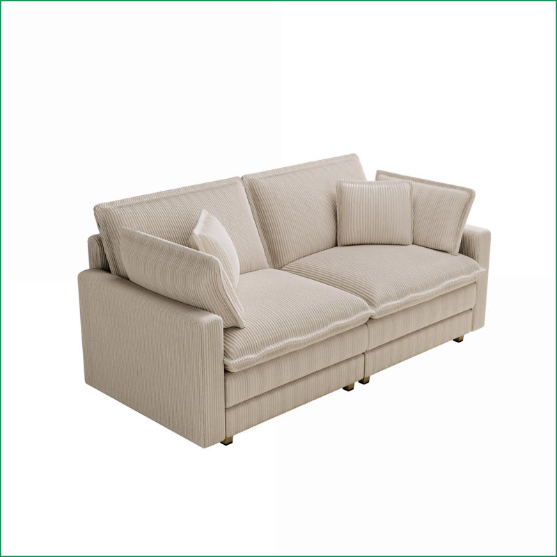 Canapé modulaire en forme de L avec 4 coussins et repose-pieds amovible pour salon | Beige | Velours côtelé