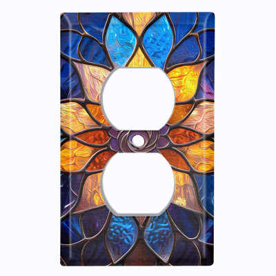 Plaque d'interrupteur en métal ; interrupteur à bascule 4 voies, taille standard américaine ; motif imprimé d'un mandala floral en vitrail.