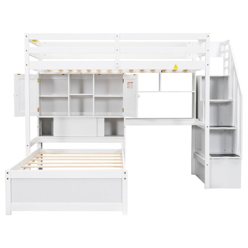 Loft Bed With Built-In Desk And Staircase, White