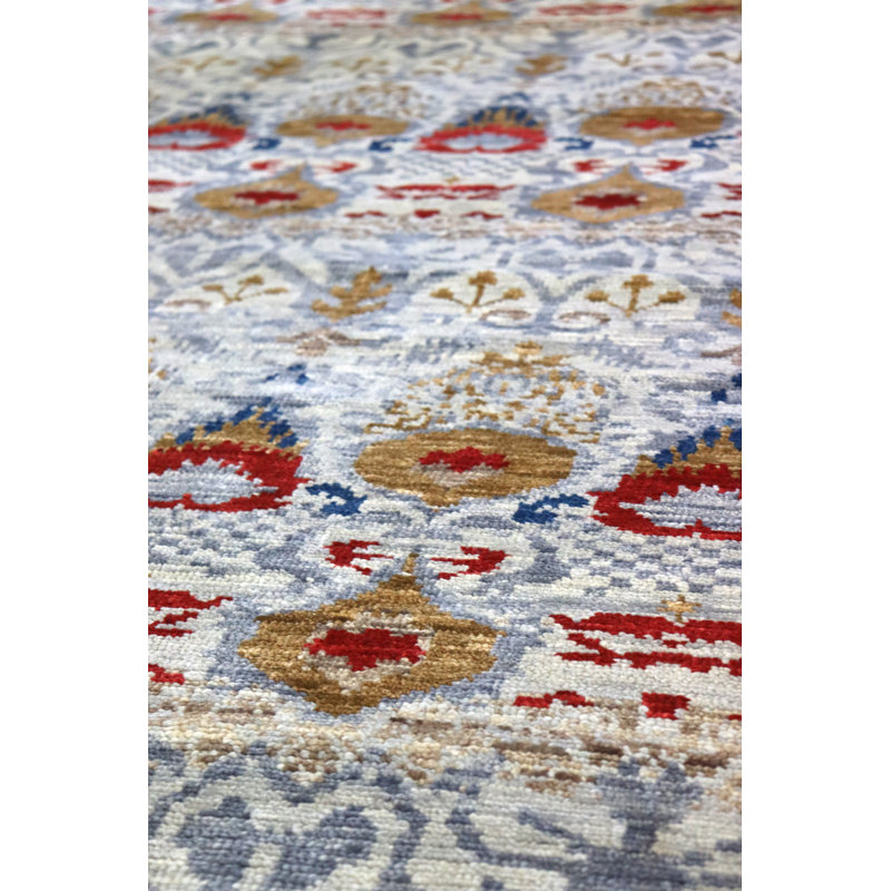 Tapis en laine fabriqué à la main Ikat en bleu / or / ivoire, Rectangle 6 pi x 8 pi 7 po
