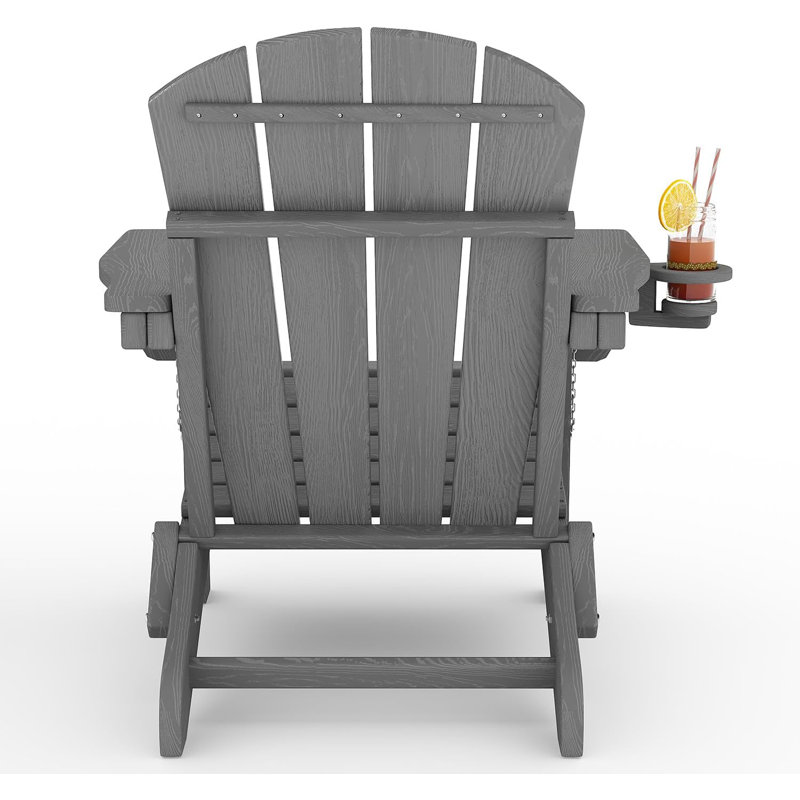 Set of 4 Folding Adirondack Chairs, HDPE Wood-Grain Patio Chairs with Cup Holders, All-Weather Resistant, Grey for Deck, Garden, Fire Pit