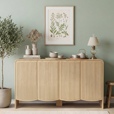 58" 4-Door Buffet Sideboard with Adjustable Shelves, Stripe Pattern, Wavy Lower Edge, for Kitchen, Living Room, Dining Room Storage