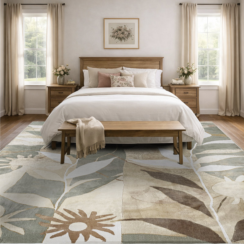 Machine Washable Boho Abstract Floral Area Rug Soft Low-Pile Non-Slip Backing Sage Green/Beige/Brown Indoor Carpet for Living Room, Bedroom, Hallway Runner