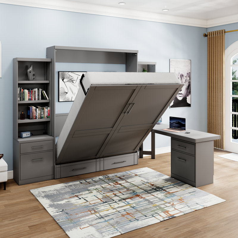 Grand lit escamotable de rangement en bois massif Johnniemae, Gris