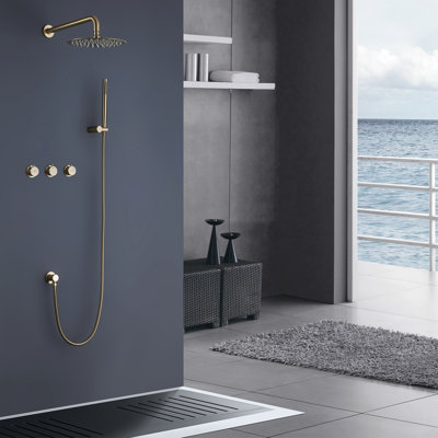 Système de douche en or brossé pour salle de bain avec 3 poignées, douche à pluie ronde de 10 pouces et douche à main avec tête brute