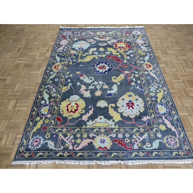 Tapis gris en laine noué à la main de conception unique 6 pi x 8 pi 10 po Hurst