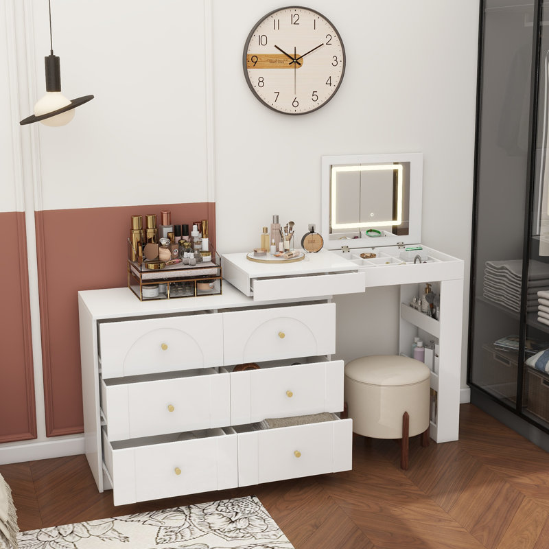 Bureau de meuble-lavabo avec miroir et lumières, table de maquillage avec plateau de table rabattable et rangement 7 tiroirs, 9 compartiments, 3 tablettes, 3 tables de maquillage à modes de couleurs réglables pour la chambre à coucher