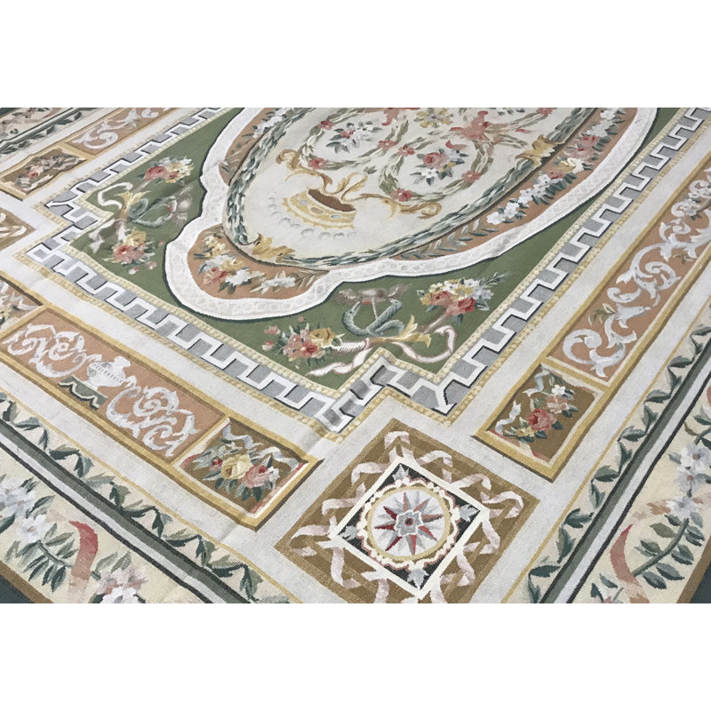Hand-Knotted High-Quality Green and Gold Area Rug