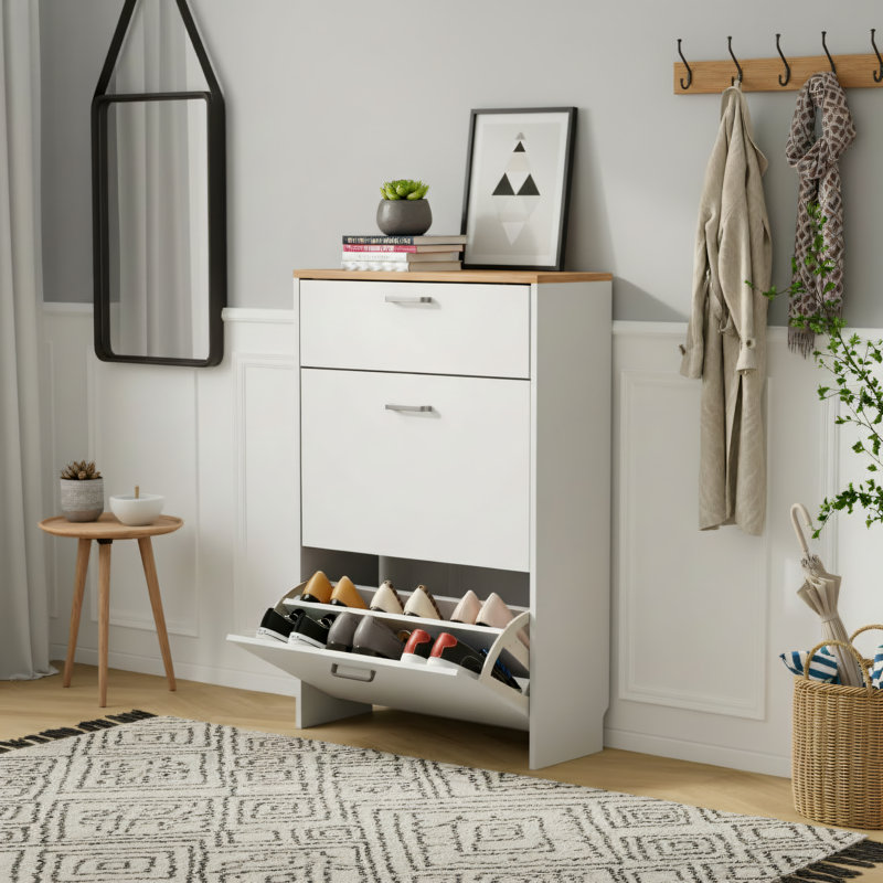 Modern Slim Wooden Entryway Shoe Cabinet, 24.7-Inch Width, With 2 Flip-Tops + 1 Pull-Down Drawer, Freestanding, Suitable For Front Entrances And Hallways, White.