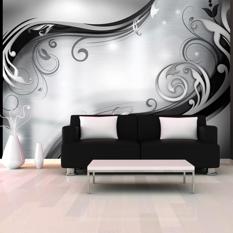 Papier peint floral glamour non collé, L 157 po x L 110 po, Gris / noir / blanc