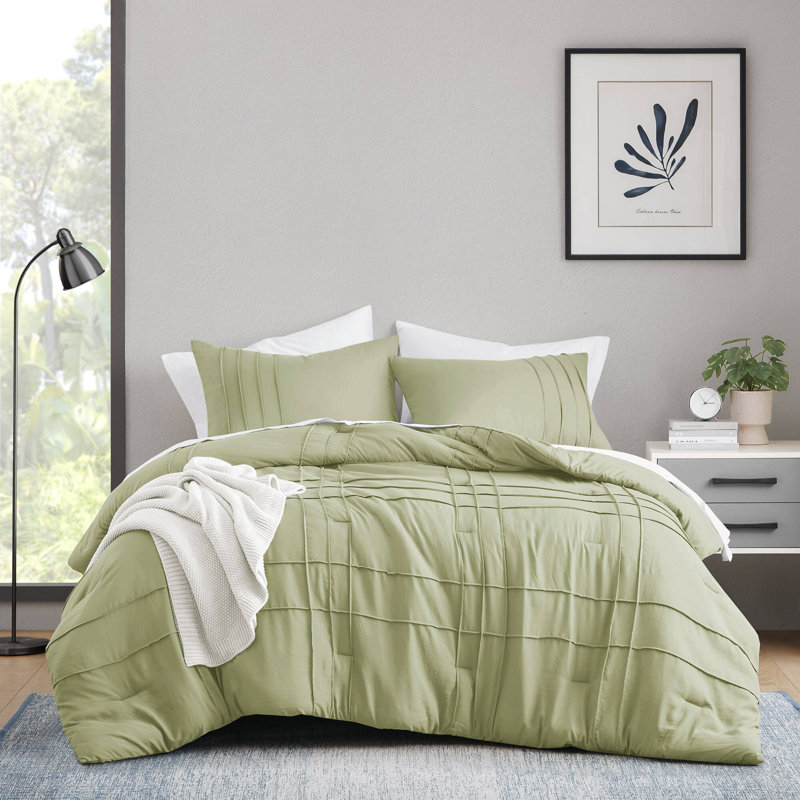 Porter Soft Washed Pinch Pleated Comforter Set, Sage, Full Comforter + 2 Standard Shams