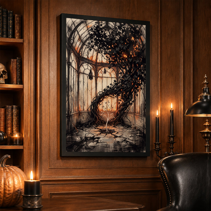 Vignes sombres et entrelacées et arbre lumineux dans une toile murale gothique d'Halloween, H 30 po x l 20 po