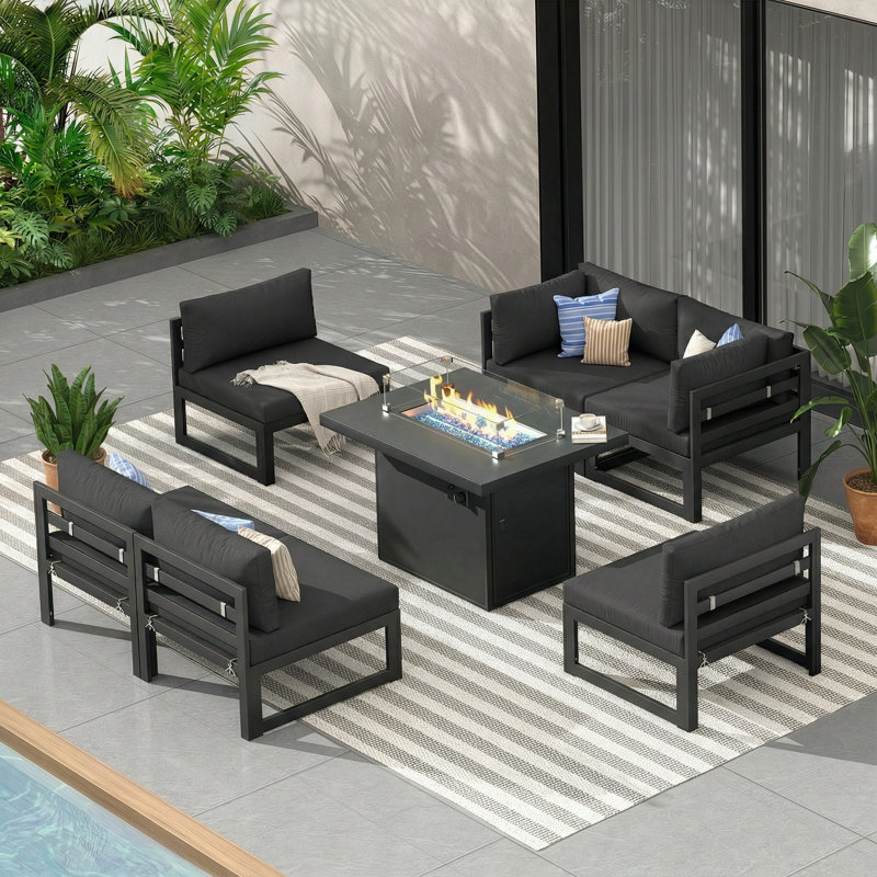 Gillet 7-Piece 6-Person Outdoor Patio All-Aluminum Sectional Conversation Set with 60,000 BTU Fire Pit Table and 4" High-Resilience Foam Cushions