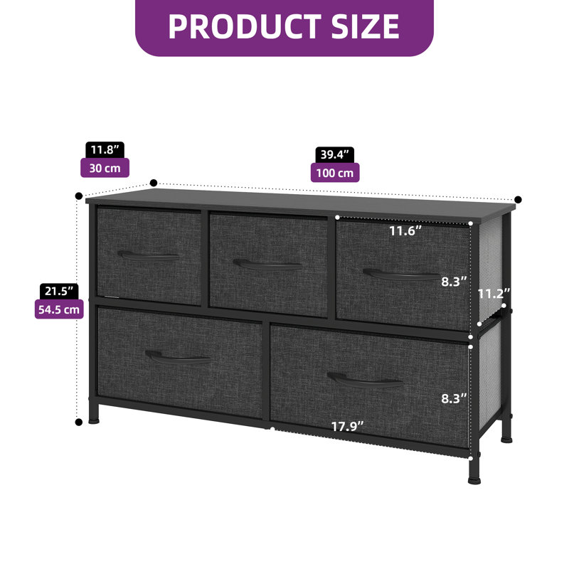 Kathiria 39.4"W 5 Drawer Small Dresser, Dark Gray