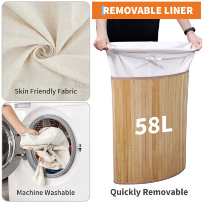 58L Bamboo Laundry Basket, Corner Laundry Hamper with Washable Liner, Foldable Washing Baskets, Corner Storage Basket with Lid and Handles
