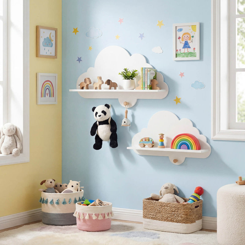 2 tablettes flottantes en nuage avec crochets en bois massif, jolies tablettes d'angle blanches