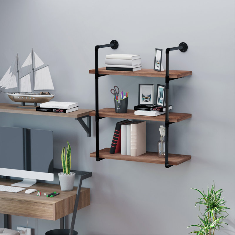 Étagère industrielle à 3 niveaux, bibliothèque murale flottante, présentoir à cadre en métal pour le salon ou la chambre à coucher, brun rustique