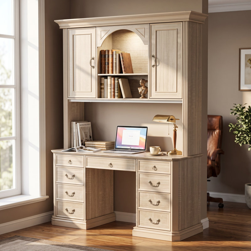 Bureau double caisson en chêne clair 59 po avec huche et 9 tiroirs