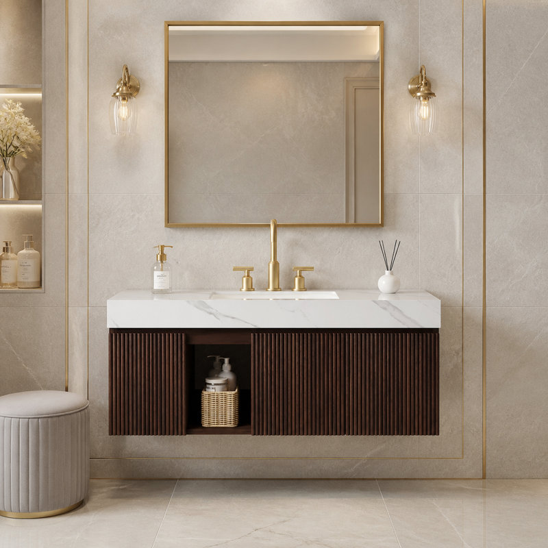 Meuble-lavabo mural simple 48 po avec comptoir en pierre frittée et lavabo en céramique, Noyer