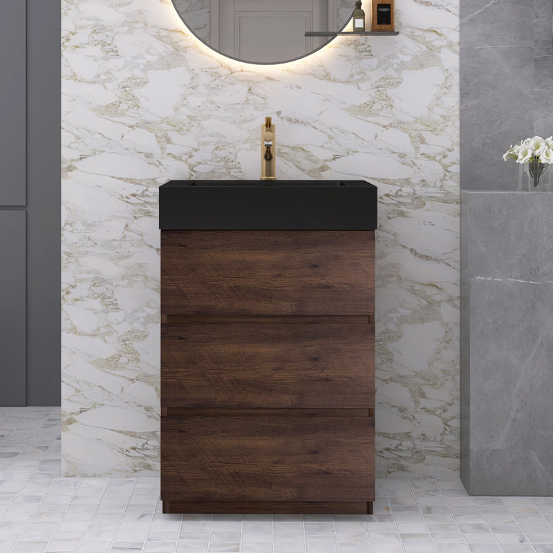 Ensemble de meuble-lavabo simple 24 po Natina, Noir mat, Noyer