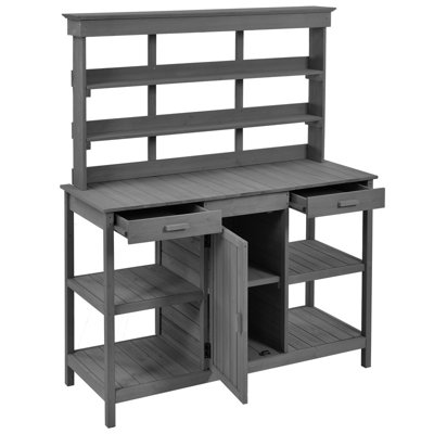 Banc de rempotage en bois de sapin gris avec tiroirs et armoire, poste de travail de jardin extérieur avec tablettes ouvertes pour la cour et le vestibule, H 66 po