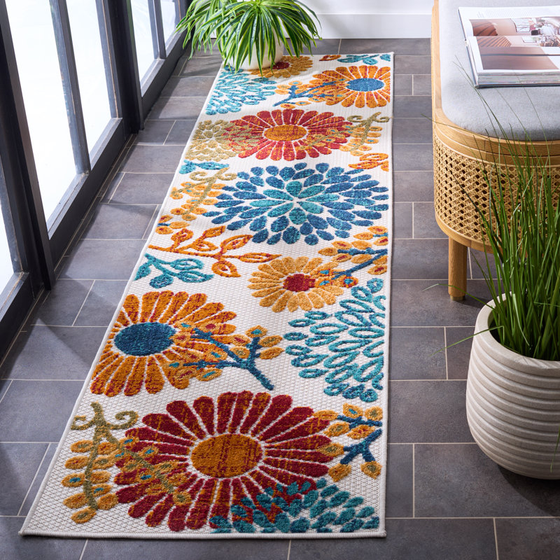Tapis d'intérieur / extérieur floral Kellems Performance, Tapis de couloir 2 pi x 14 pi, Blue/Orange/Cream