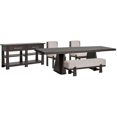 Table de salle à manger extensible à double piédestal avec banc et buffet de 2 chaises d'appoint rembourrées